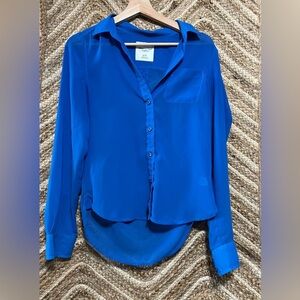 American Eagle Women's Bright Blue Sheer Long Sleeve Button Down Blouse,Size XS